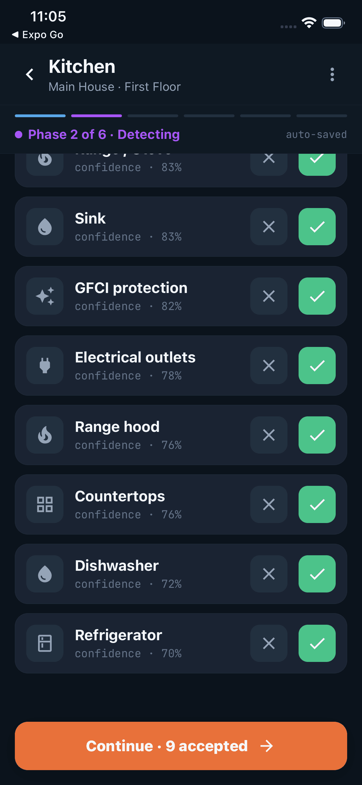 Hank app showing AI-detected objects in a kitchen with confirm and dismiss controls